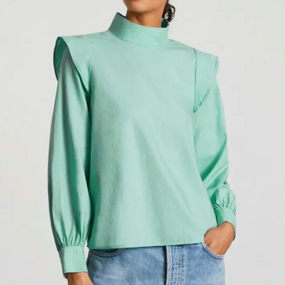 Everlane Women's 00 Shirt Mock Neck Wing Shoulder Blouse 100% Cotton Lightweight